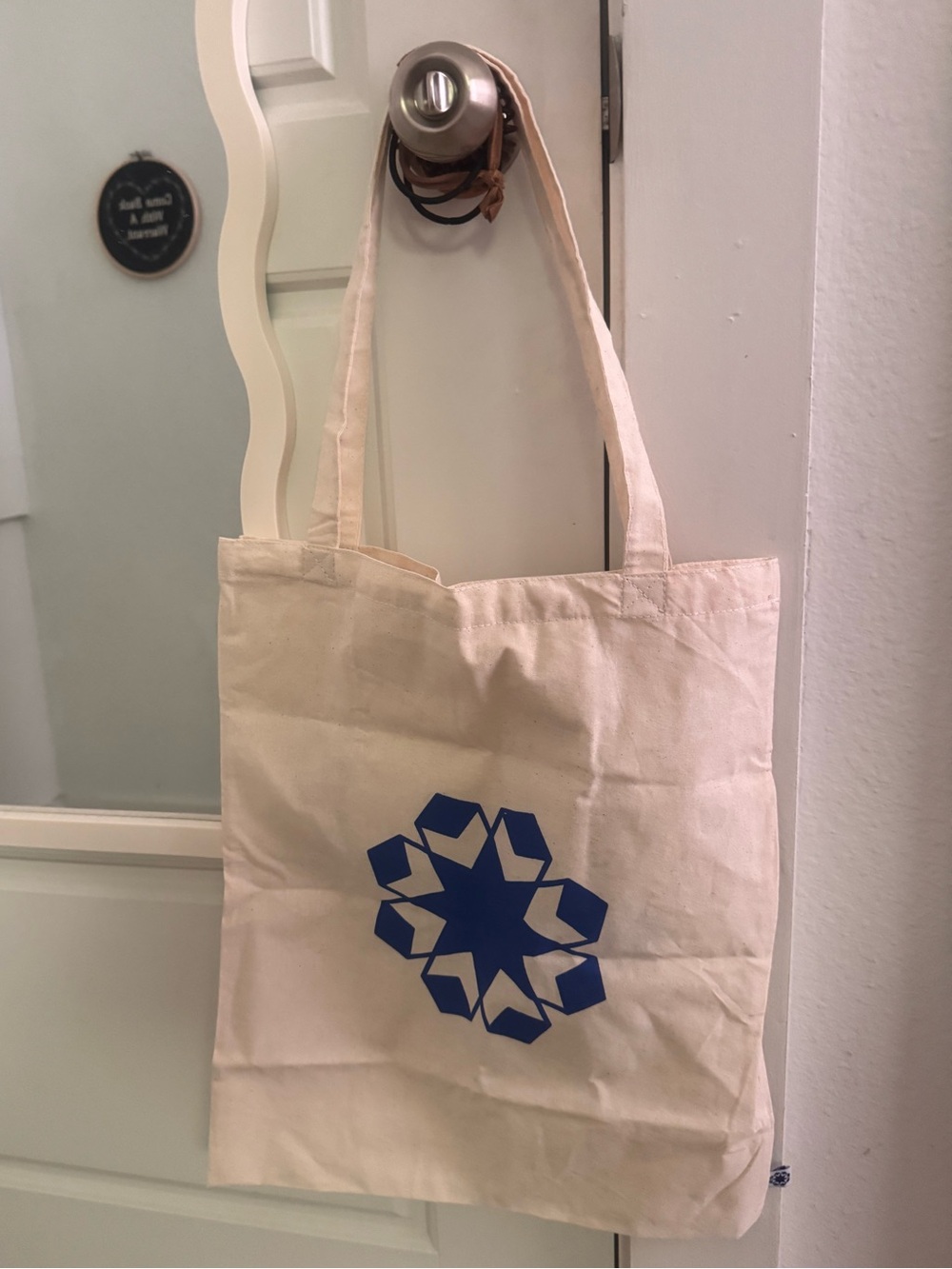 Bloom Bloom Canvas Tote Bag with Blue Geometric Print